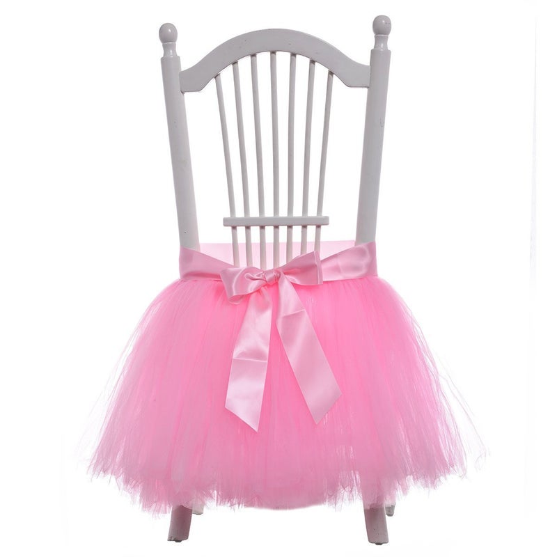 FLYPARTY Handmade Tulle Tutu Chair Skirt with Sash Bow for Party Wedding Baby Shower Home Decoration (Pink) - Image 1